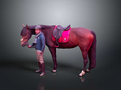 Man Leading Brown Horse With Red Saddle Wearing Blue Jacket And Brown Pants 3d model