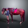 Man Leading Brown Horse With Red Saddle Wearing Blue Jacket And Brown Pants