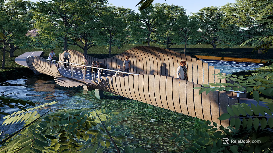 Modern Wooden Landscape Bridge With People Walking Over River Surrounded By Trees 3d model 