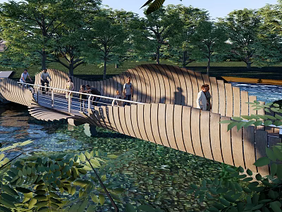 Modern Wooden Landscape Bridge With People Walking Over River Surrounded By Trees 3d model