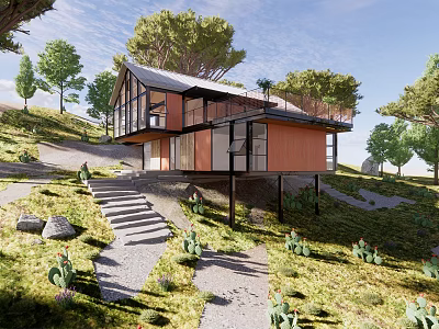 Modern Single Family House Surrounded By Trees On Hillside With Steps And Large Windows 3d model