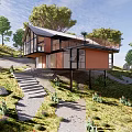 Modern Single Family House Surrounded By Trees On Hillside With Steps And Large Windows