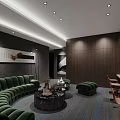 Dark Private Room With Green Sofa Round Coffee Table Wooden Walls And Bar Counter
