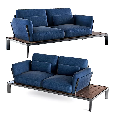 Blue Fabric Two Seater Sofa With Metal Frame Wooden Base And Armrests 3d model