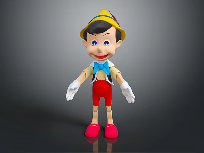 Pinocchio Animated Character With Yellow Hat Blue Bow Tie Red Pants And Red Shoes 3d model