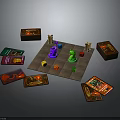 Board Game Setup With Colored Game Pieces Cards And Boxes On Game Board 3d model