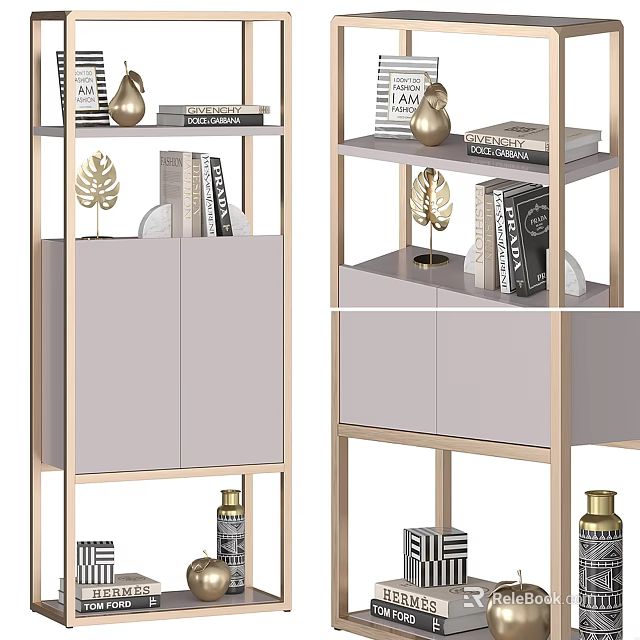 Elegant Modern Storage Shelf With Gold Metal Frame Gray Cabinet Doors And Decorative Books 3d model 