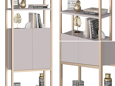 Elegant Modern Storage Shelf With Gold Metal Frame Gray Cabinet Doors And Decorative Books 3d model