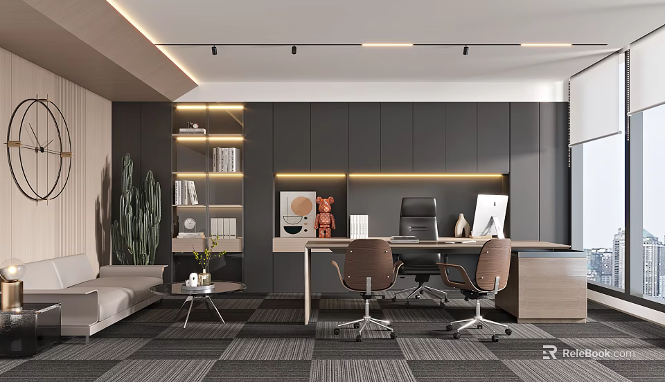 Modern Open Office Interior With Grey Cabinets Desk Two Brown Chairs Sofa Greenery Lighting Strips 3d model 