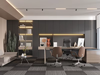 Modern Open Office Interior With Grey Cabinets Desk Two Brown Chairs Sofa Greenery Lighting Strips 3d model