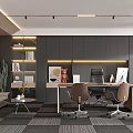 Modern Open Office Interior With Grey Cabinets Desk Two Brown Chairs Sofa Greenery Lighting Strips 3d model