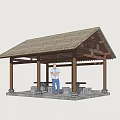 Traditional Landscape Pavilion Featuring Wooden Structure Thatched Roof Stone Floor Tables And Benches