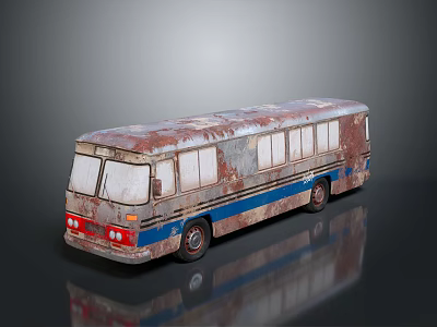 Vintage Old Rusted Blue And White Bus Exterior With Reflection On Surface 3d model
