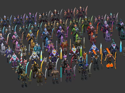 Game And Movie Character Design Collection With Diverse Costumes And Weapons 3d model