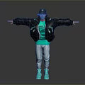 Man Wearing Black Jacket Green T Shirt Gray Pants Bright Blue Shoes With Arms Outstretched