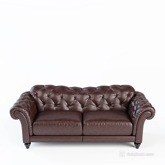 Brown Leather Tufted Two Seater Sofa With Rolled Arms Design 3d model