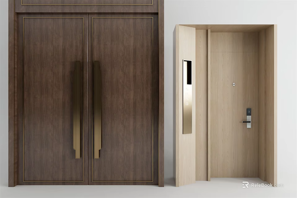 Modern Double Doors With Wooden Texture Gold Handles And Digital Panel 3d model