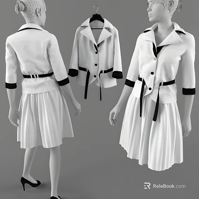 Models Displaying White Jackets With Black Trim Cuffs Collar Belt And Pleated Skirts 3d model 
