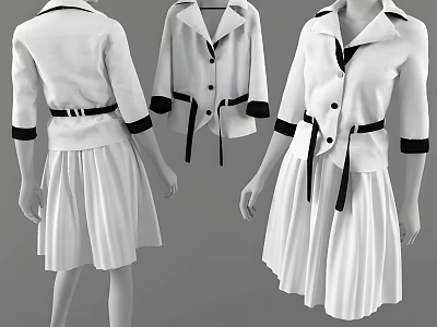 Models Displaying White Jackets With Black Trim Cuffs Collar Belt And Pleated Skirts 3d model