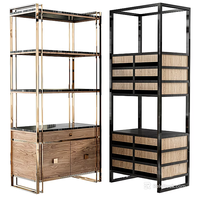Gold And Black Metal Frame Shelving Unit With Wooden Drawers And Glass Shelves 3d model 