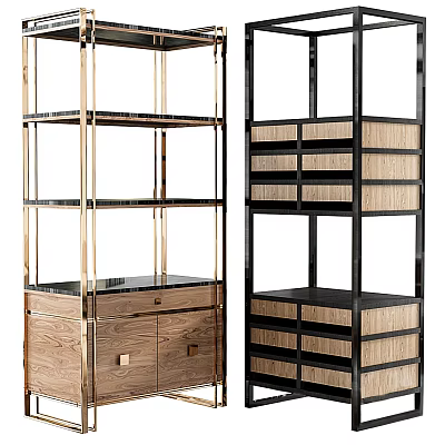 Gold And Black Metal Frame Shelving Unit With Wooden Drawers And Glass Shelves 3d model