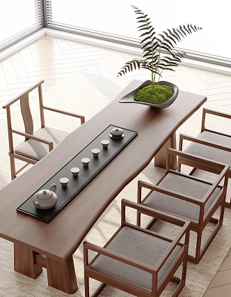 New Chinese Style Tea Table and Chair Tea Set Wood Floor Venetian Blinds 3d model