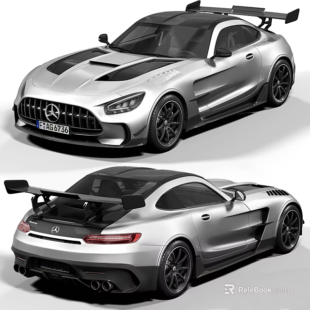 Mercedes AMG GT Silver Sports Car With Black Stripes Two Door And Rear Spoiler 3d model 
