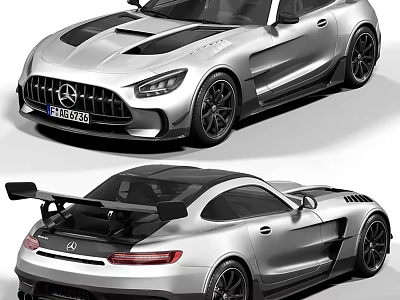 Mercedes AMG GT Silver Sports Car With Black Stripes Two Door And Rear Spoiler 3d model
