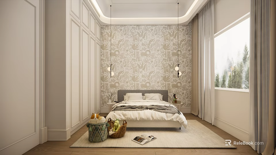 Playful Kids Room Interior With Patterned Wallpaper Bed Pendant Lights And Soft Rug 3d model 