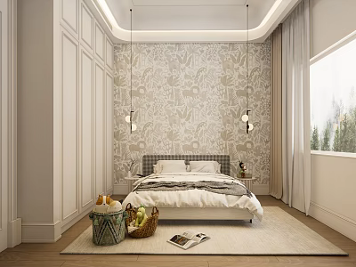 Playful Kids Room Interior With Patterned Wallpaper Bed Pendant Lights And Soft Rug 3d model