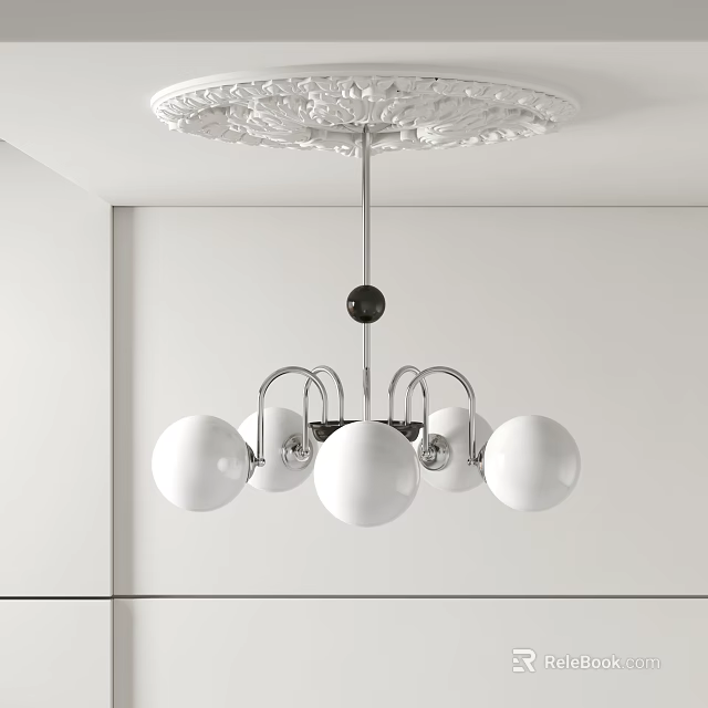 Modern Chandelier With White Globe Shades Central Black Ball And Ceiling Medallion 3d model 