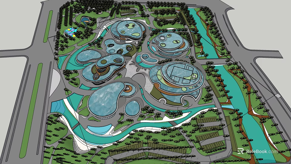 Modern Museum Buildings with Circular Design Surrounded by Greenery and Water Features 3d model 