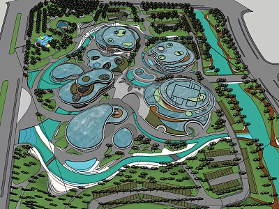 Modern Museum Buildings with Circular Design Surrounded by Greenery and Water Features 3d model