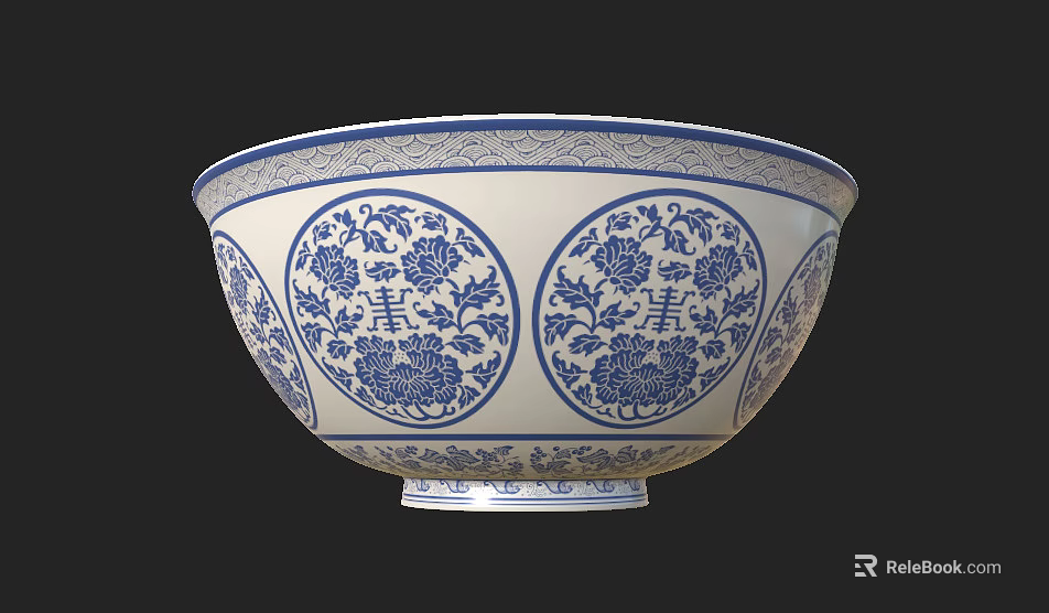 Blue and White Ceramic Bowl with Traditional Floral Patterns and Double Happiness Characters 3d model 