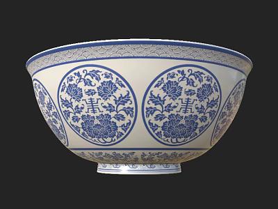 Blue and White Ceramic Bowl with Traditional Floral Patterns and Double Happiness Characters 3d model