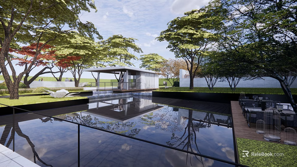 Modern Pergola Design In Garden Courtyard With Pool Reflection And Trees 3d model