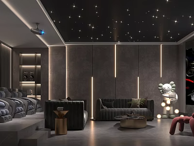 Modern Home Theater Interior With Starry Ceiling Projector And Sofas 3d model