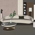 Modern Beige Curved Sofa And Round Coffee Table Set With Green Cushions Plant And Books