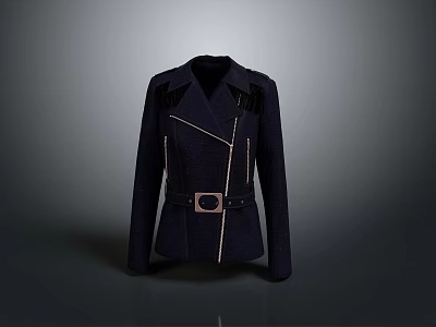 Dark Blue Jacket with Leather Patched Shoulders Zipper Details and Belt Buckle 3d model