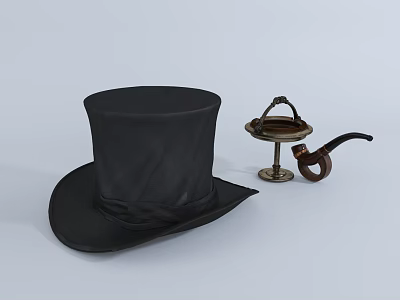 Black Top Hat with Brass Candlestick and Smoking Pipe on White Background 3d model