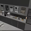 Modern Kitchen With Various Daily Electrical Appliances Neatly Arranged On Countertop And Cabinets
