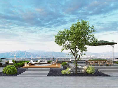 Scenic Rooftop Terrace With Green Tree Cozy Sofa And Mountain View 3d model