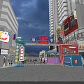 Bustling Commercial Street With Tall Buildings Bright Neon Signs Crowded Pedestrians Shops And Archway