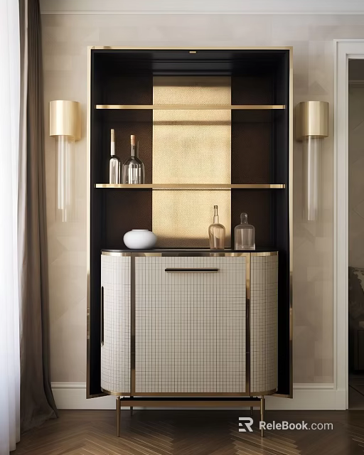 Modern Sideboard Interior Design With Gold Accents Shelves Wine Bottles And Checkered Doors 3d model 