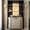 Modern Sideboard Interior Design With Gold Accents Shelves Wine Bottles And Checkered Doors