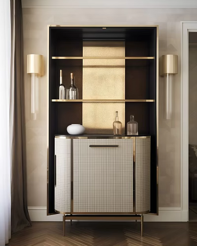 Modern Sideboard Interior Design With Gold Accents Shelves Wine Bottles And Checkered Doors 3d model
