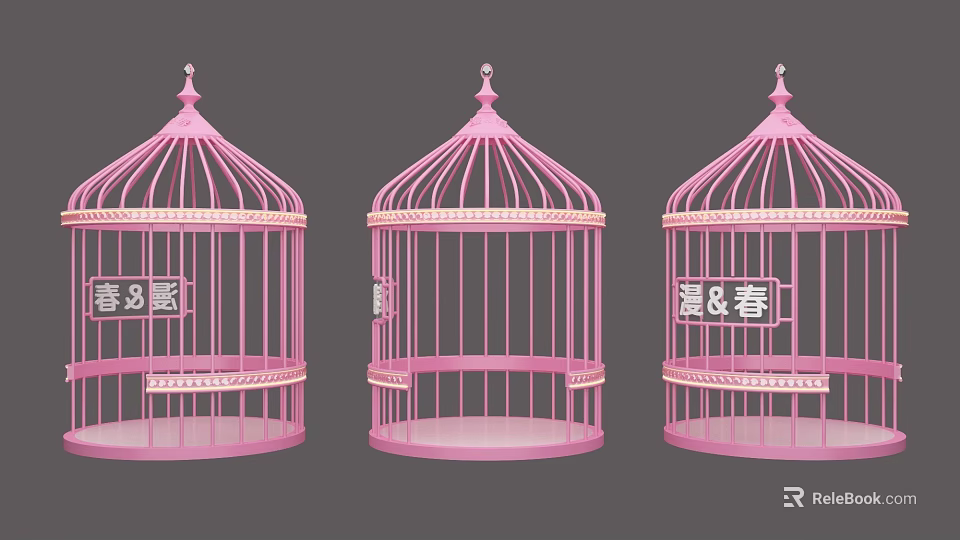 Pink Birdcage Art Installation With Three Decorative Structures And Inscriptions 3d model 