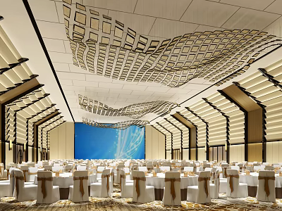 Spacious Banquet Hall Featuring Arranged Tables Chairs Large Blue Screen And Unique Ceiling Design 3d model