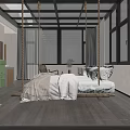 Minimalist Hotel Guest Room Interior With Swing Bed Large Windows And Natural Light
