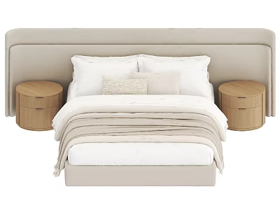 Double Bed with Beige Padded Headboard White Pillows Beige Cushions Striped Blanket and Wooden Nightstands 3d model